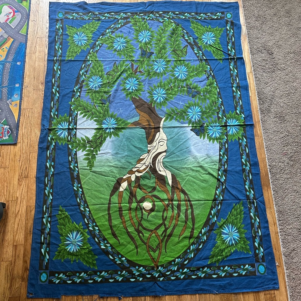 Vibrant Tree of Life Tapestry in Blue and Green